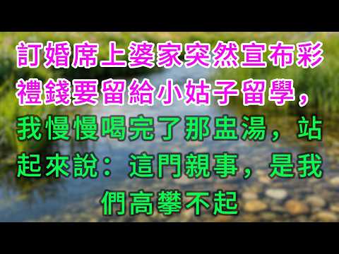 訂婚席上婆家突然宣布彩禮錢要留給小姑子留學，我慢慢喝完了那盅湯，站起來說：這門親事，是我們高攀不起