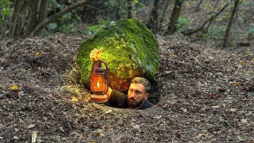Building a Secret Dugout Under a Large Rock. Bushcraft, Survival, Dugout