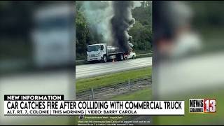 Car catches fire after colliding with commercial truck in Colonie