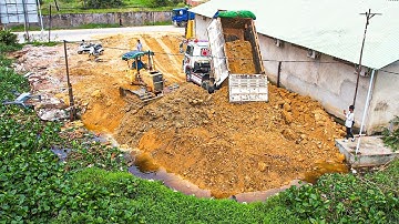 Amazing New Project: Large Land Filling Up Method With Five-Ton Dump Truck & Bulldozer Pushing Soil.