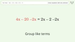 Linear equation with one unknown: Solve 4(x-5)=2(x+1)-4 step-by-step solution