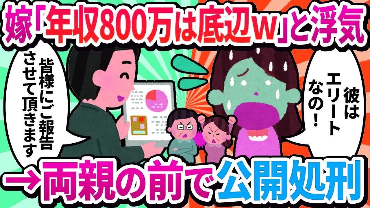 【2ch修羅場】年収800万の俺を「ド底辺w」と見下し浮気した嫁を両家の親の前で全て暴露した結果w