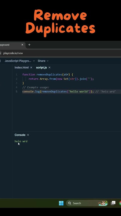 Remove Duplicates from string #code #javascript #string - YouTube