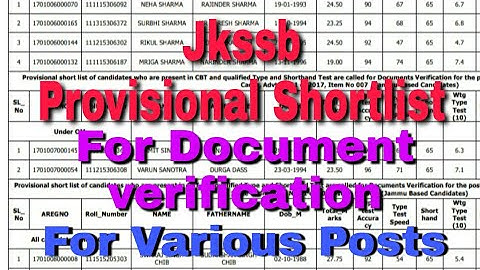 Jkssb Provisional Shortlist For Document Verification  For Various Posts.