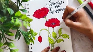 How to draw & Paint floral Card + Brush Calligraphy | Watercolor flowers & leaves | Flower doodles screenshot 4