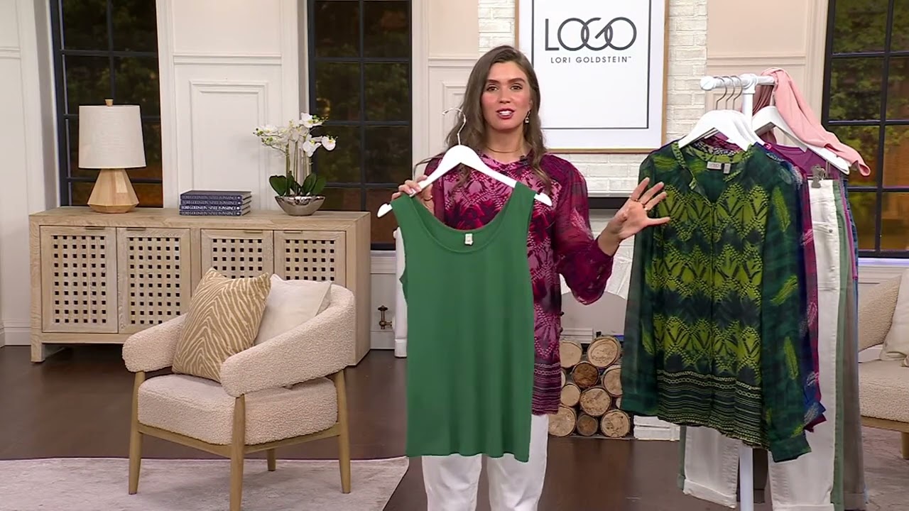 LOGO by Lori Goldstein Printed Chiffon Blouse with Knit Tank on