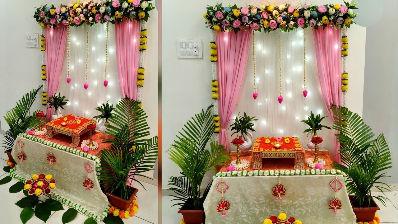 Ganpati decoration idea for home|traditional backdrop decoration idea for upcoming festival #ganpati