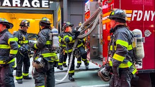 **EARLY ARRIVAL!** Double Parked Cars Block FDNY Response to FIRE on Scaffolding  Heavy Q & AIRHORN
