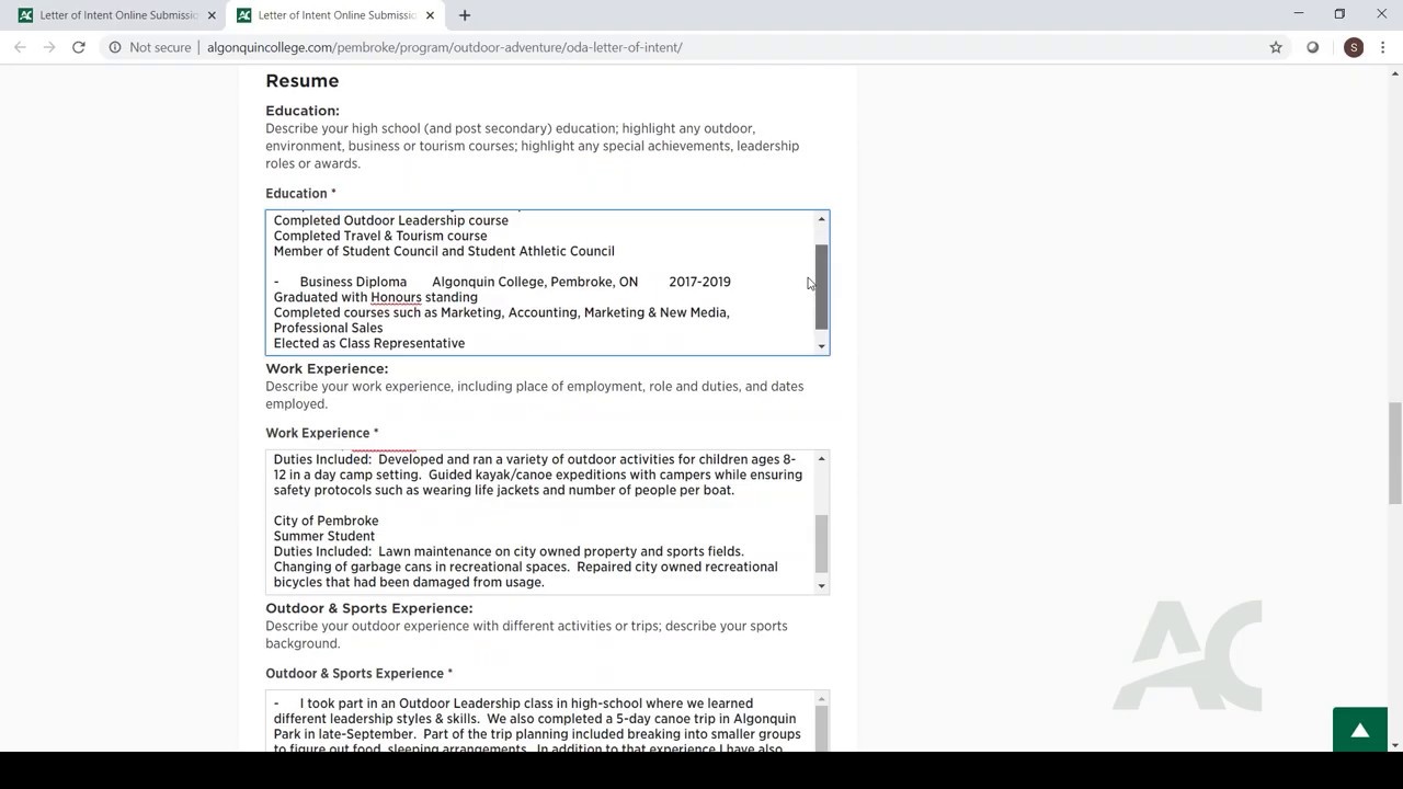 algonquin college resume help