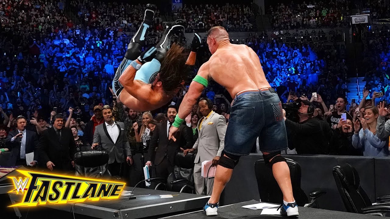 John Cena sends AJ Styles crashing through the announce table: WWE Fastlane 2018 (WWE Network)