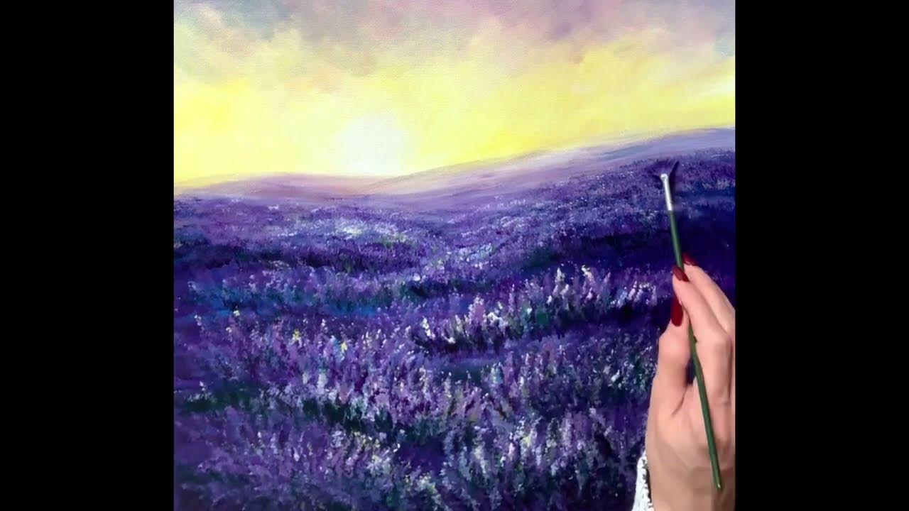 How to use a fan brush for painting a lavender field landscape in