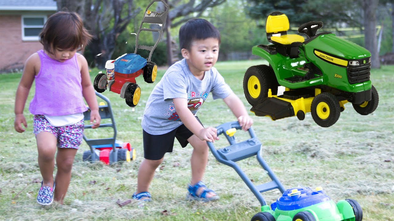 lawn mower using fisher price fun for kid play