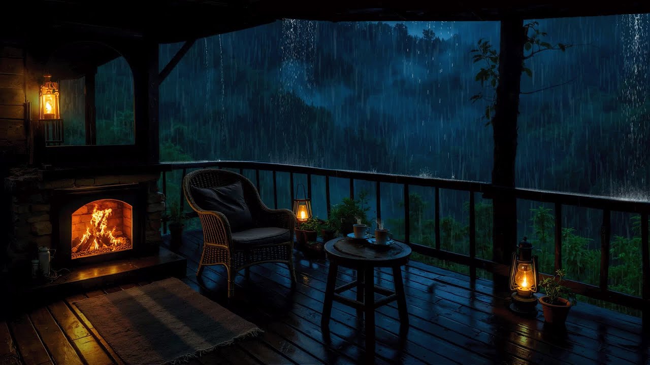Rainy Night at the Cozy Mountain Cabin 🌧 Crackling Fireplace Sounds ...