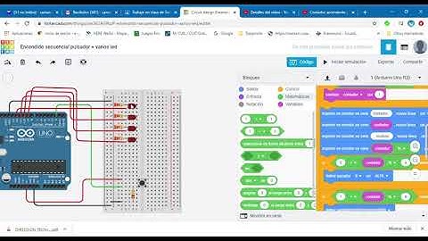 Encendido secuencial varios led + pulsador  Tinkercad