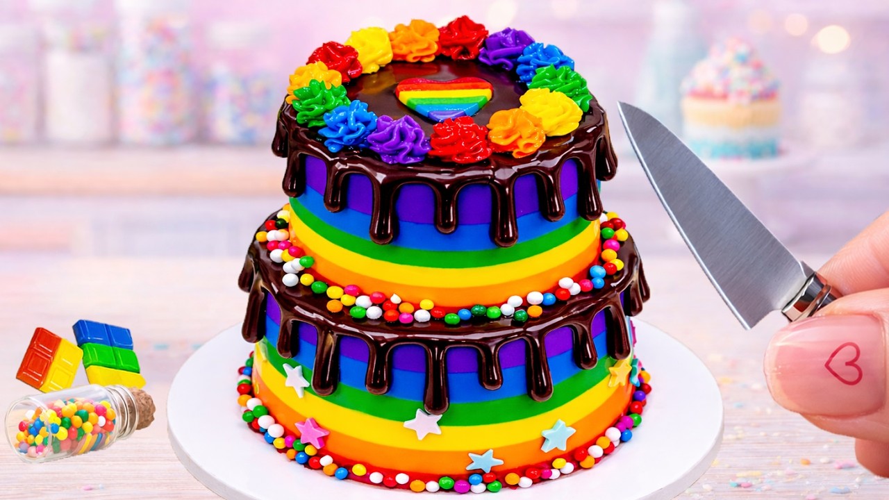 Rainbow Cake with Chocolate Drip 🌈🍫 | Amazing Mini Rainbow Cake Decorating
