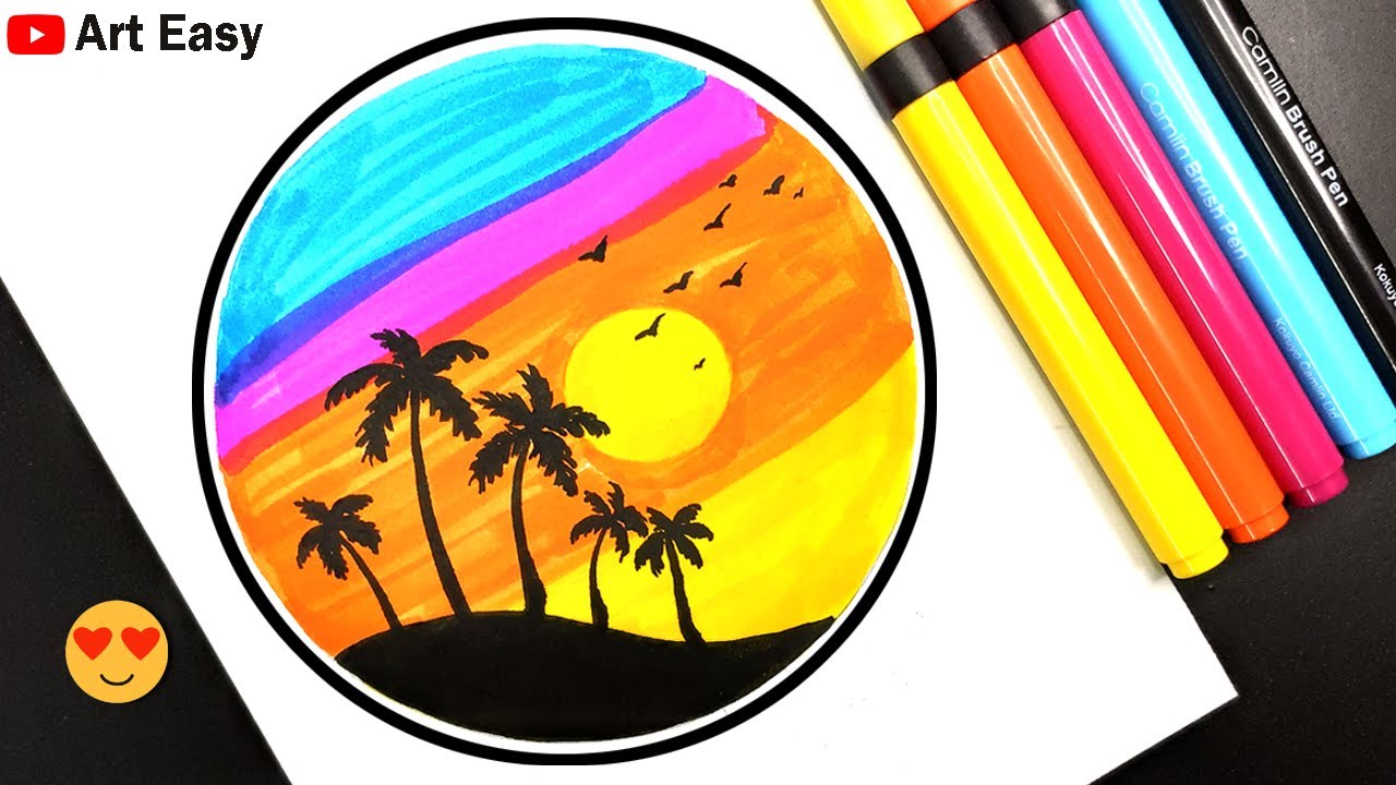 Colorful Sunset Drawing with Brush Pen || Part-2 || Circle Scenery ...