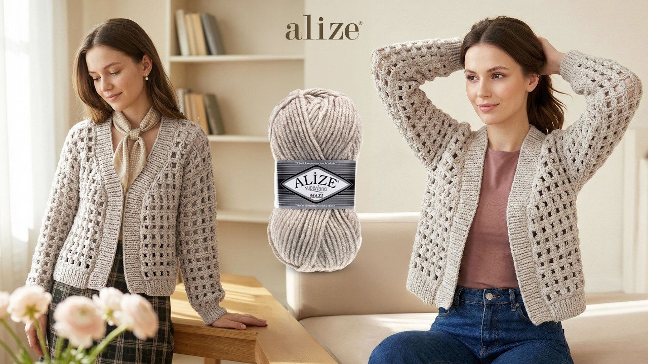 Весенний кардиган крючком с Alize Superlana Maxi