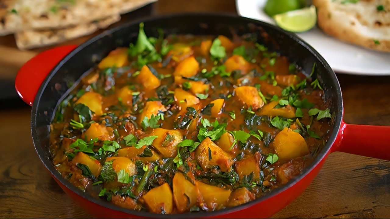 صاج ألوو ‼️غدا سهل وسريع بشوية بطاطس وسبانخ طعم خطييير من غير لحمه ولا فراخ /saag aloo /palak  aloo