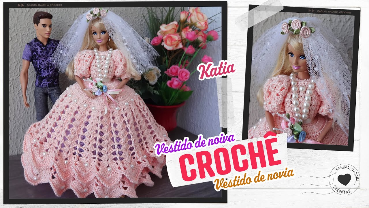 Vestido de noiva de crochê para Barbie