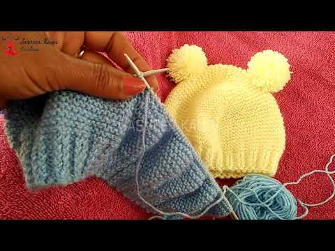 Unique Baby Cap with two Pom Poms Knitting Pattern | 40 ग्राम से भी कम ऊन