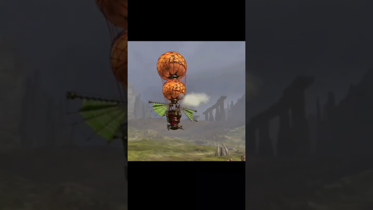 Ogre hunter throwing spear at Cathay sky-junk 