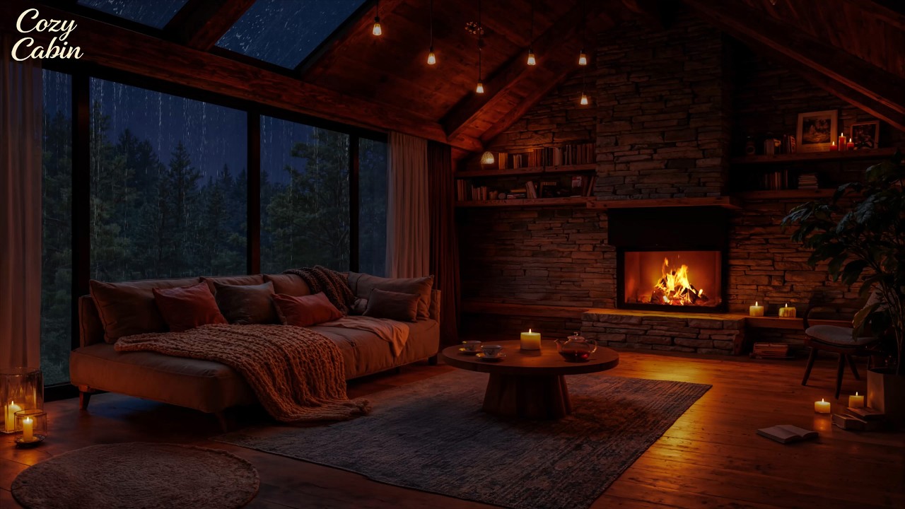 Rain Sounds and Cozy Fireplace 🌧️🔥 Warm Forest Cabin Night for Deep ...