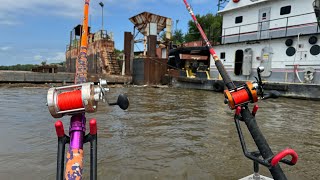 Barge Hopping for FLATHEAD CATFISH On The Mississippi River!!