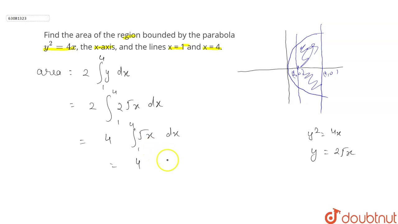 Find The Area Of The Region Bounded By The Parabola Y 2 4x The X Axis And The Lines X 1 And Youtube Find The Area Of The Region Bounded By The Parabola Y 2 4x The X Axis And The Lines X 1 And Youtube