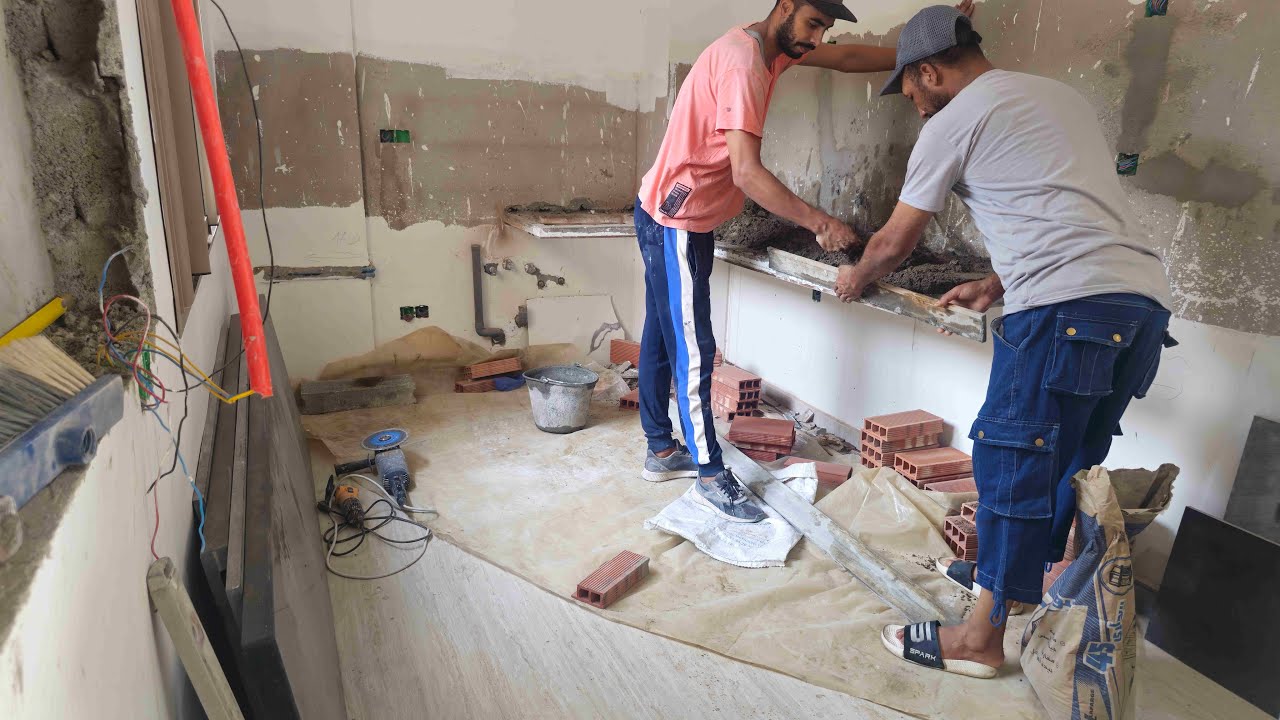 Installation of granite light galaxy marble on the kitchen table