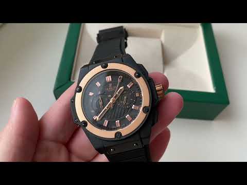Наручний годинник Hublot King Power Black Gold AAA чоловічий кварцовий з хронографом на каучуковому ремінці сапфір, видео 1