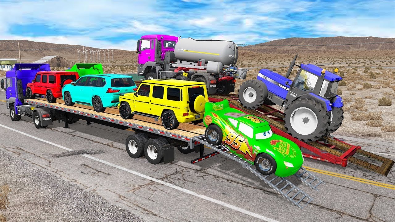 TRANSPORTING PIXAR CARS & FRUITS WITH COLORED & JOHN DEERE vs CLAAS vs TRACTORS - BeamNG.drive #962