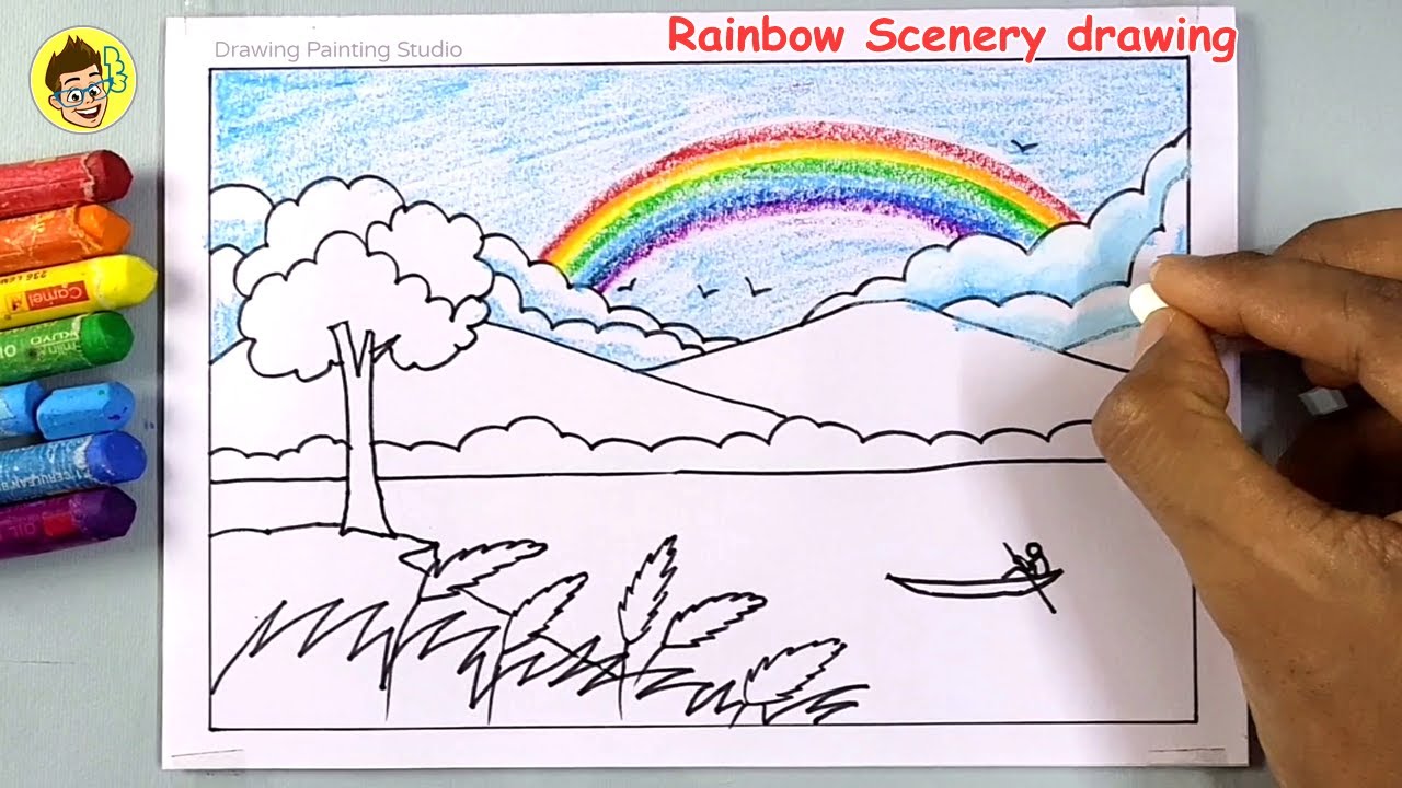 Beautiful Rainbow Scenery drawing Step by Step | Easy Landscape with ...