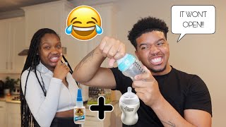 Super Glueing A Baby Bottle Lid And Asking My Boyfriend To Open It!