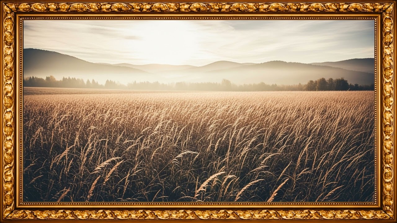 Autumn Meadow & Distant Mountains – Warm Vintage Nature Painting
