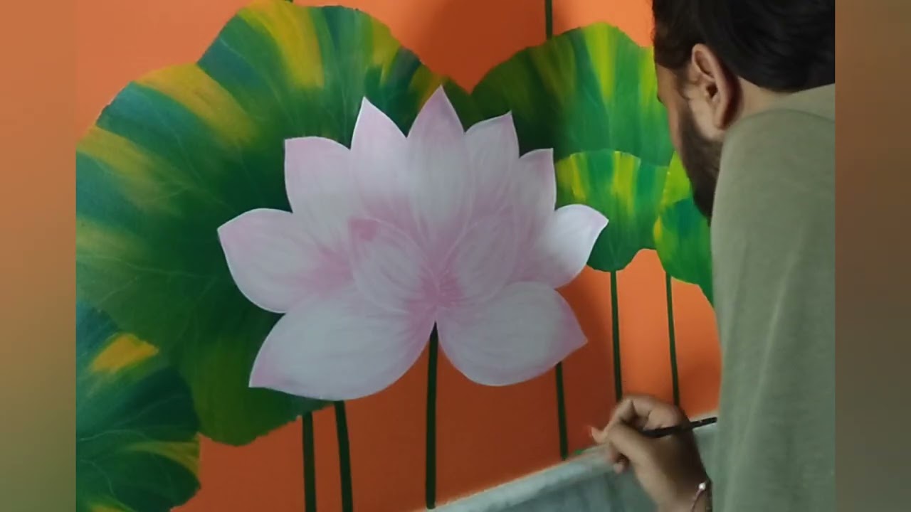 Realistic wall painting lotus | Flower painting on wall | Acrylic painting process on wall.
