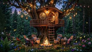 Dreamy TreeHouse in the Night Forest🌲🏡🌙Crackling Campfire, Crickets &amp; Night Nature Sounds