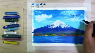 简简单单画一幅开满樱花的富士山风景画教程，适合入门的油画棒油画棒