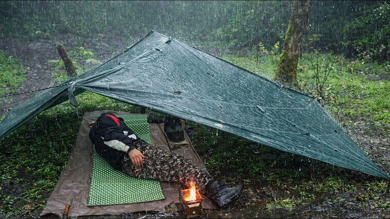 Solo Camping in Heavy Rain | Overnight with Only a Tarp