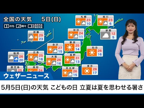 【5日(日)の天気】こどもの日・立夏は夏を思わせる暑さ