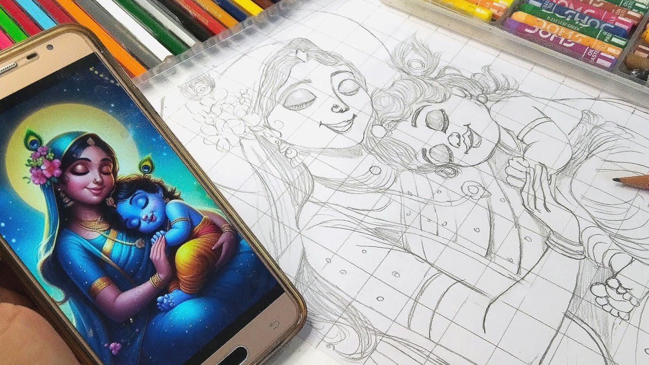 Draw With Me - Mother's Day Drawing, Yashoda and Krishna Drawing, Outline Tutorial