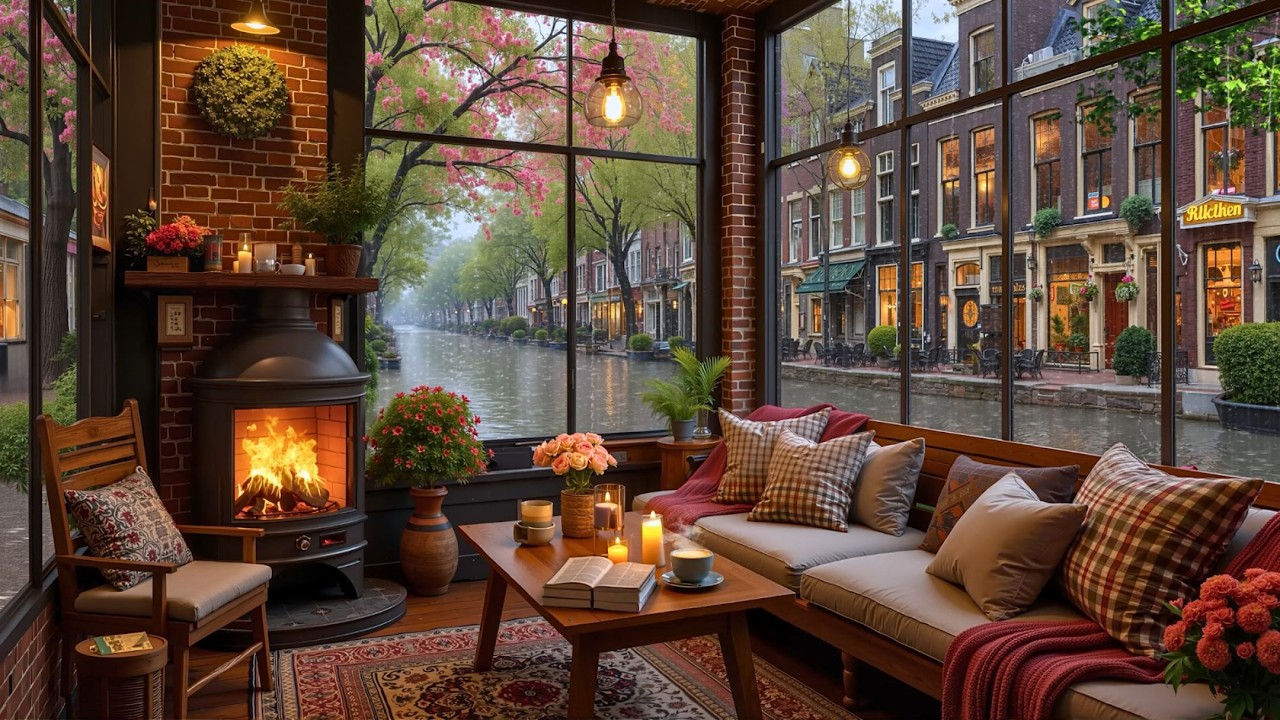 Спокойная дождливая кофейня ☕ Нежная джазовая музыка и потрескивание камина для учебы и работы