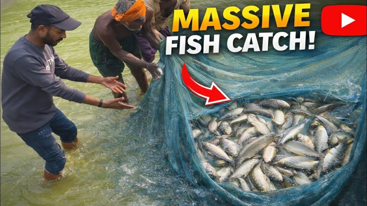 Big Net Fishing in Pond | Massive Fish Catch with Teamwork 