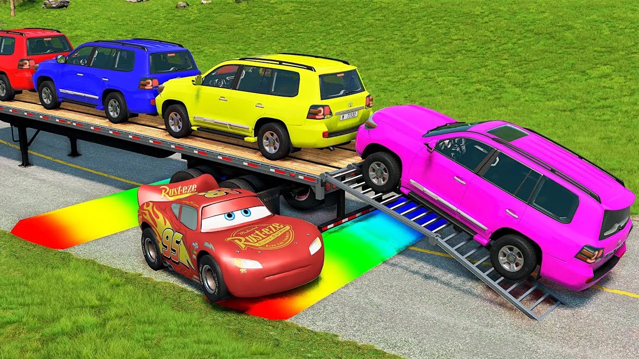 Flatbed Truck McQueen | Transportation with Truck - Pothole vs Car #32 | BeamNG.Drive Gameplay