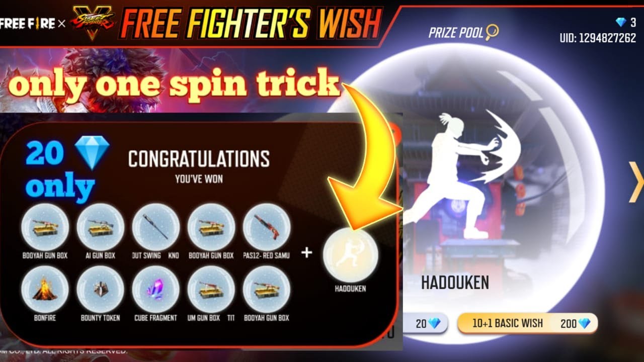 GOT NEW EMOTE IN FREE FIGHTER'S WISH EVENT. ONLY ONE SPIN TRICK 100% SUCCESS. 😱😱