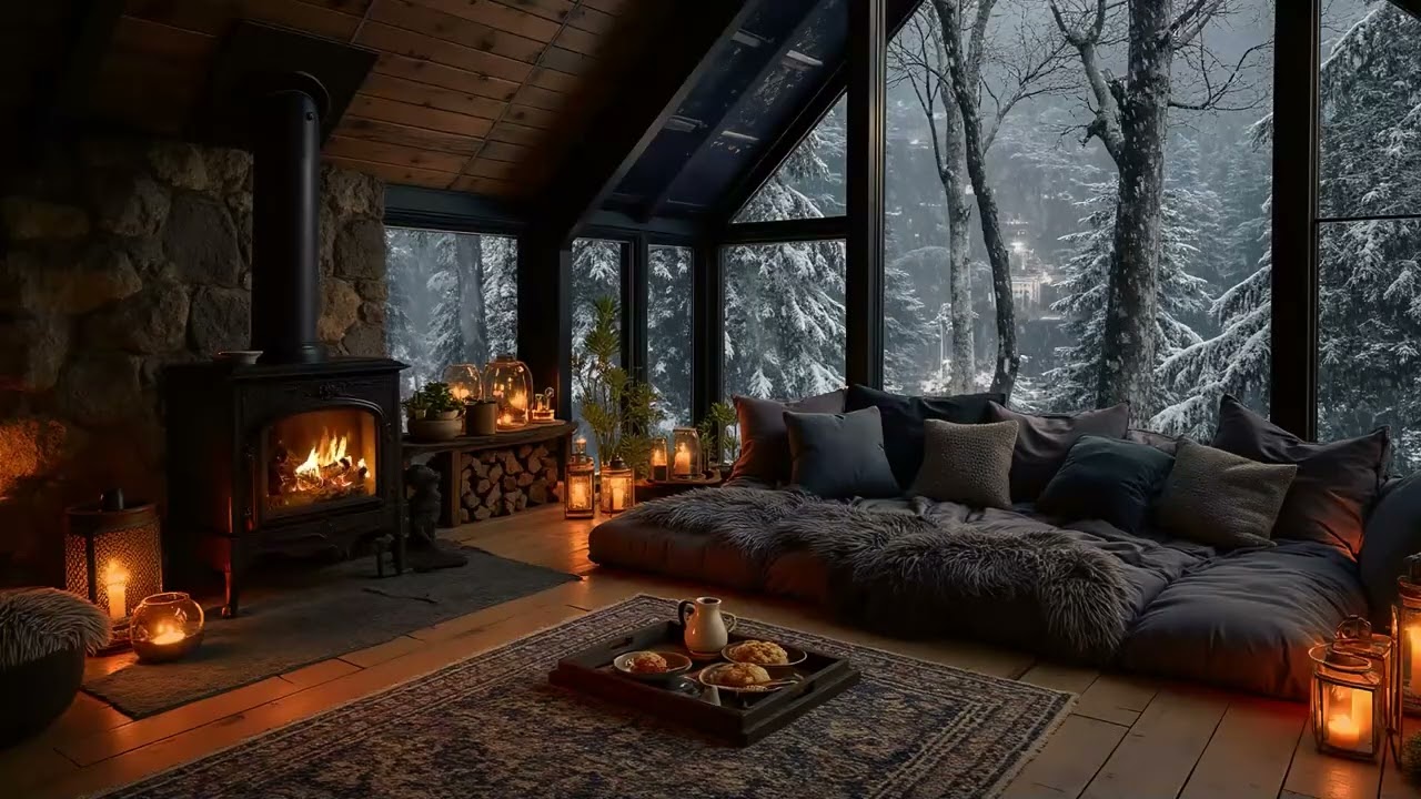Cozy Winter Cabin Ambience ⛄ Gentle Snowfall, Soft Jazz & Crackling Fireplace for Study and Sleep