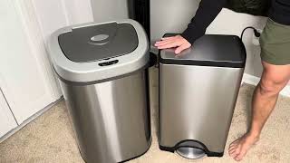 Taking a look at these two trash cans, simplehuman 38 Liter 10 Gallon Rectangular Kitchen Step Trash