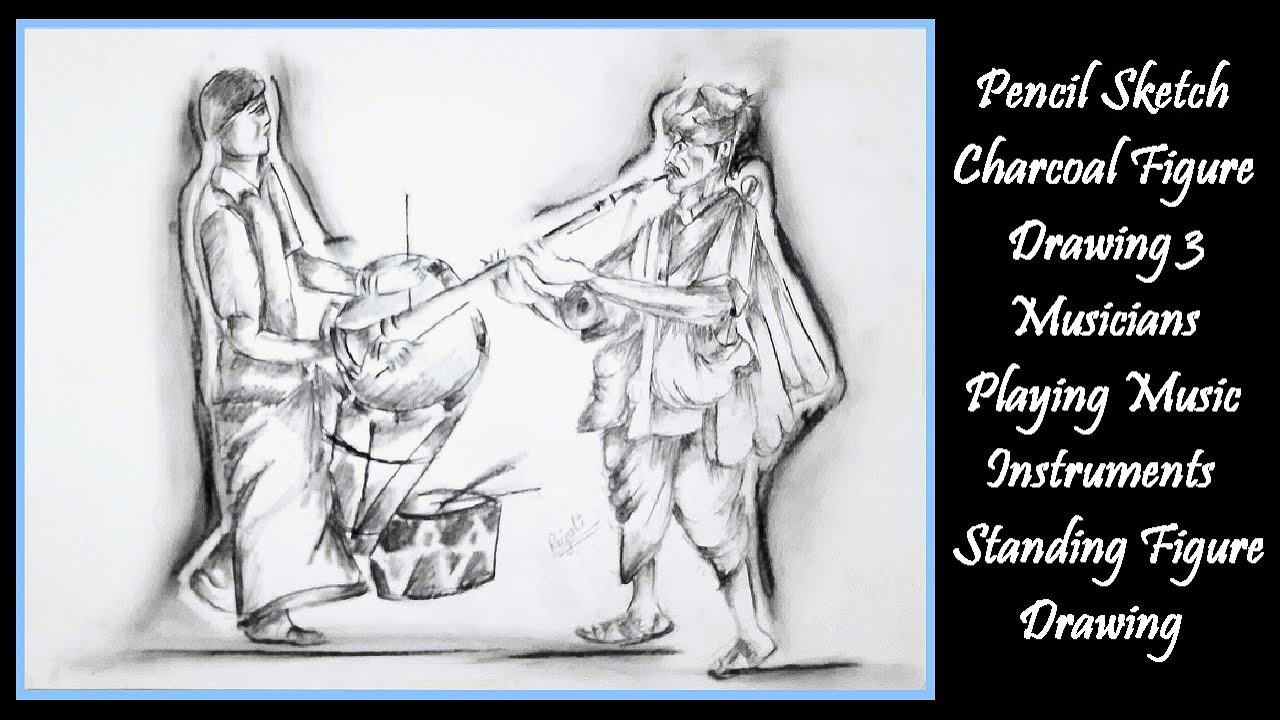 Pencil Sketch Charcoal Figure Drawing 3 Musicians Playing Music ...