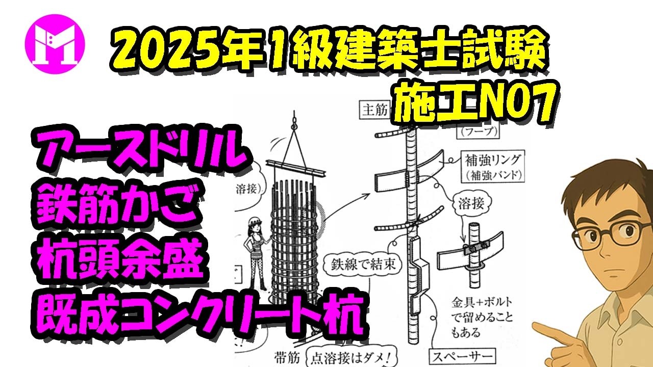 2025年1級建築士試験施工NO7　アースドリル、鉄筋かご補強リング、既成コンクリート杭継手、杭頭余盛