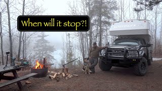 Freak snowstorm hits while 60 miles into the backcountry!  Ram 5500 Northern lite truck camping