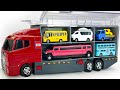 トミカ☆はたらく車を大量開封!トラック・消防車・救急車をコンボイ収納 | A lot of Tomica cars running on a slope